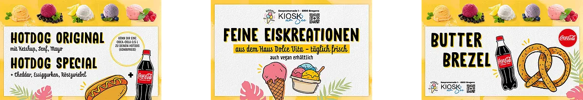 Eis, Butterbrezel und Hotdog Angebot