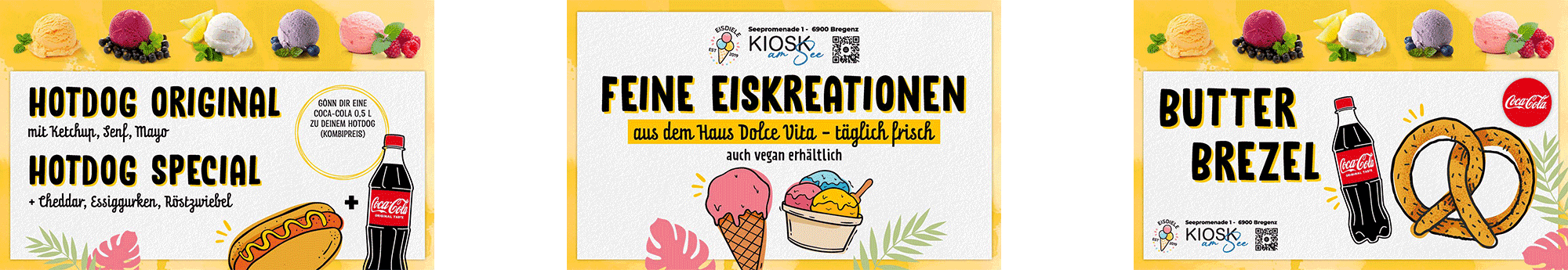 Eis, Butterbrezel und Hotdog Angebot