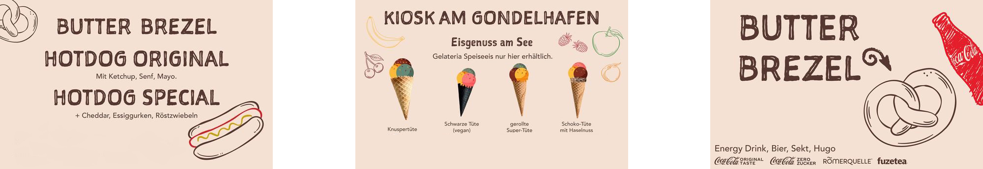 Eis, Butterbrezel und Hotdog Angebot